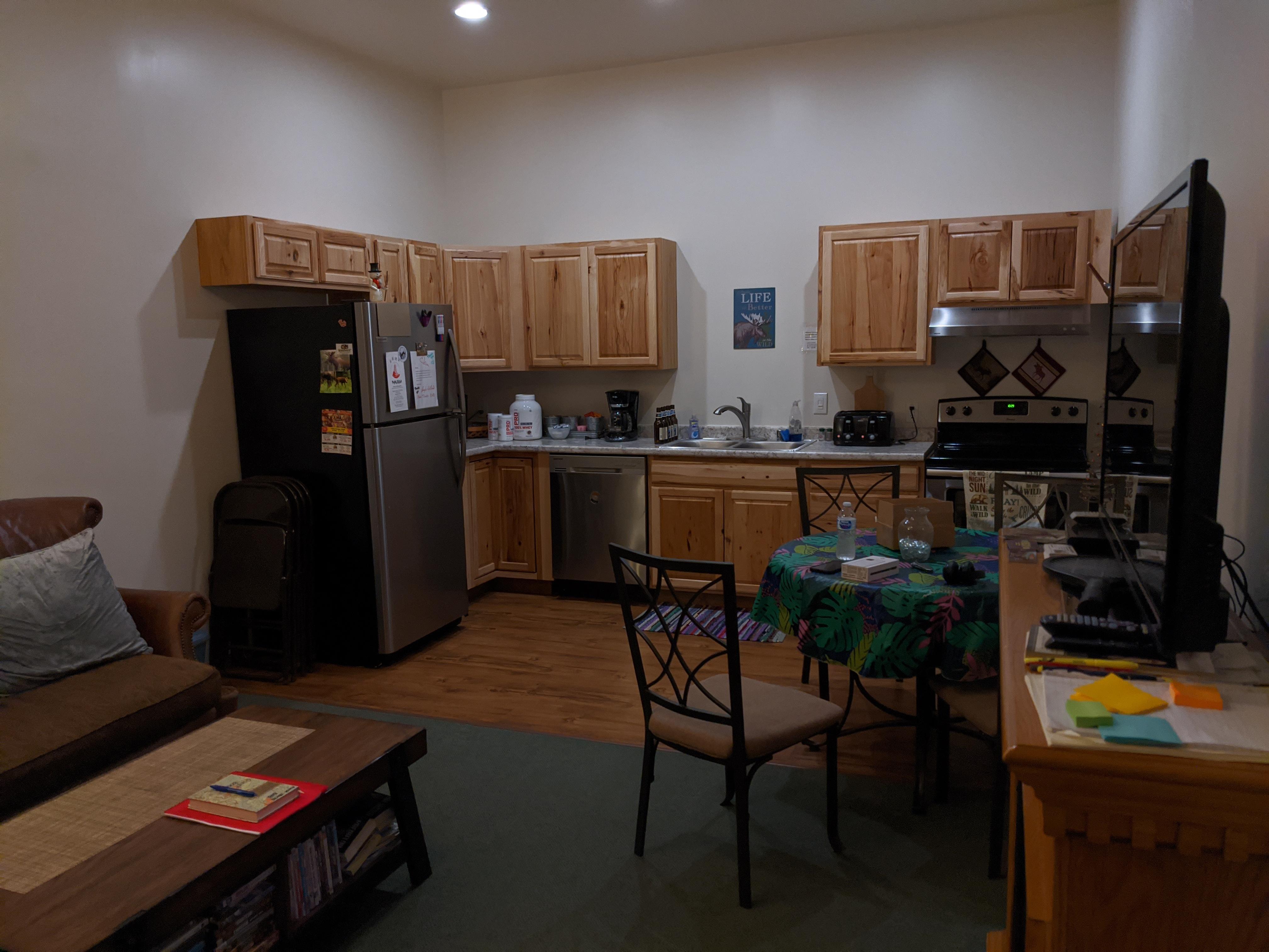 Shared kitchen and living room area. 