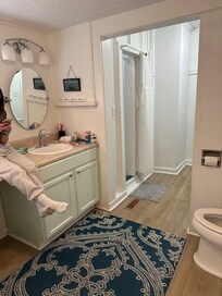 the larger of two (2) bathrooms (separate vanity station plus washer/dryer not visible in photo)