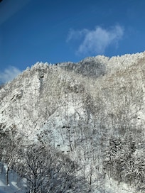 窓からの雄大な雪山
