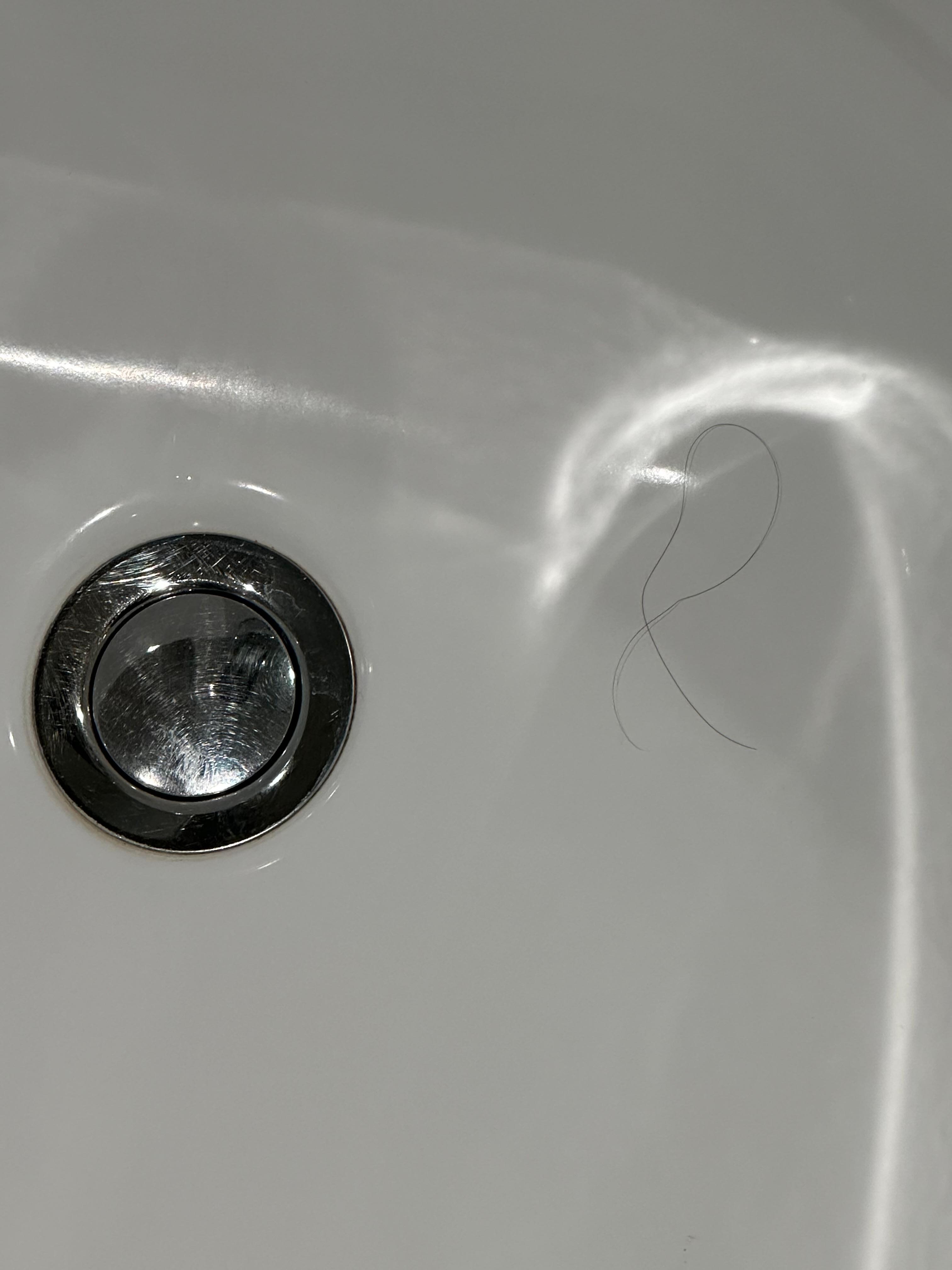 浴缸裡面有一根非常長的頭髮,而且絕對不會是我這個短頭髮的。