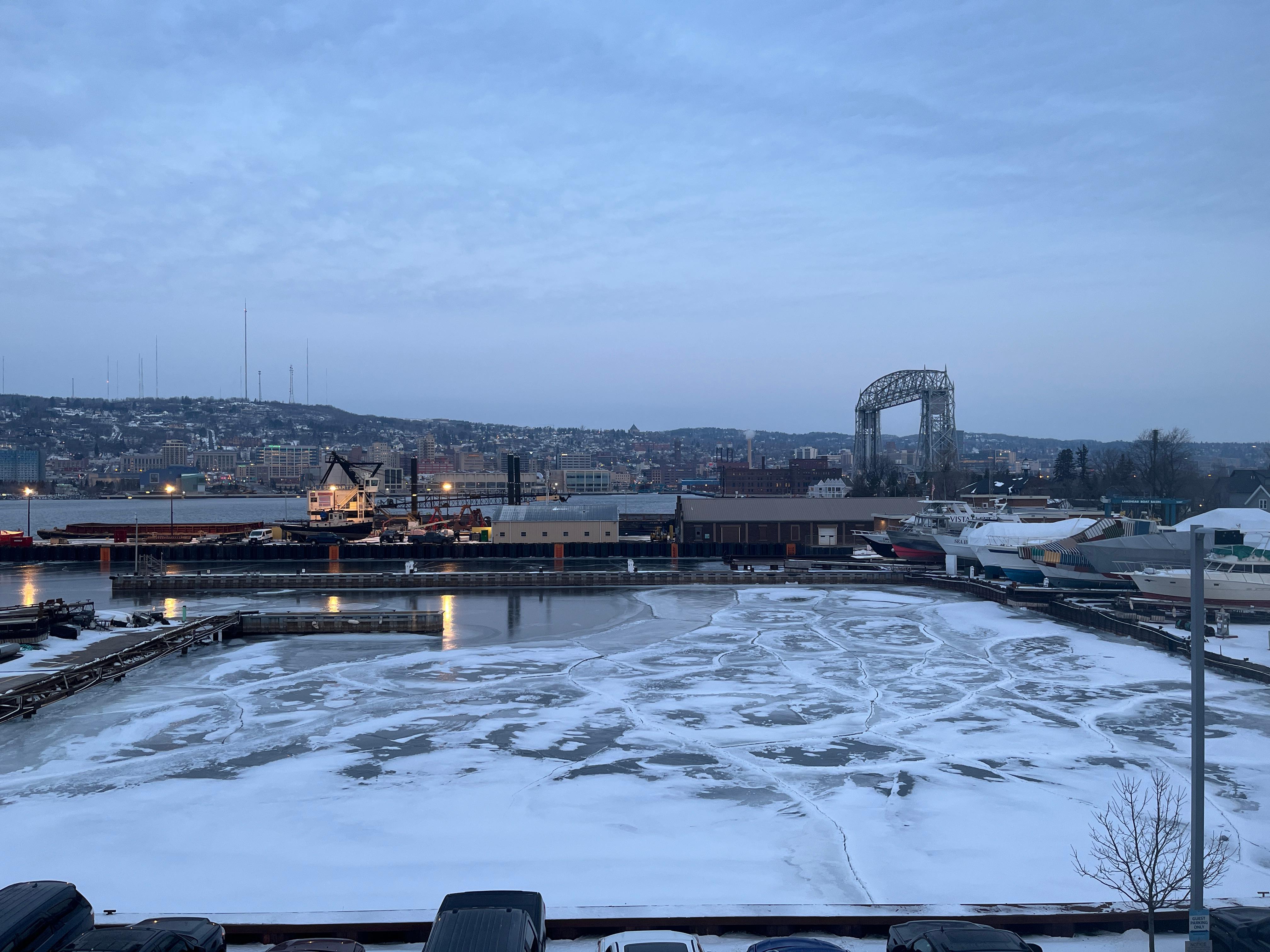 Partial view of the lift bridge, over a frozen marina