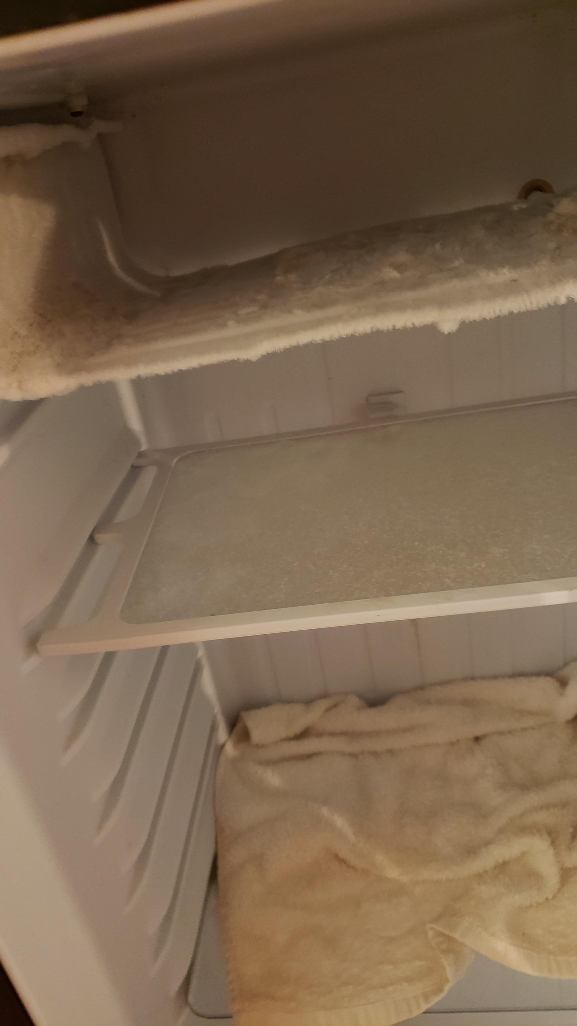 There was a wet half Frozen towel in the bottom of my refrigerator and there was mold and or some type of fluid in the freezer and it had an awful smell that was covered up by very cheap smelling room spray of some sort.