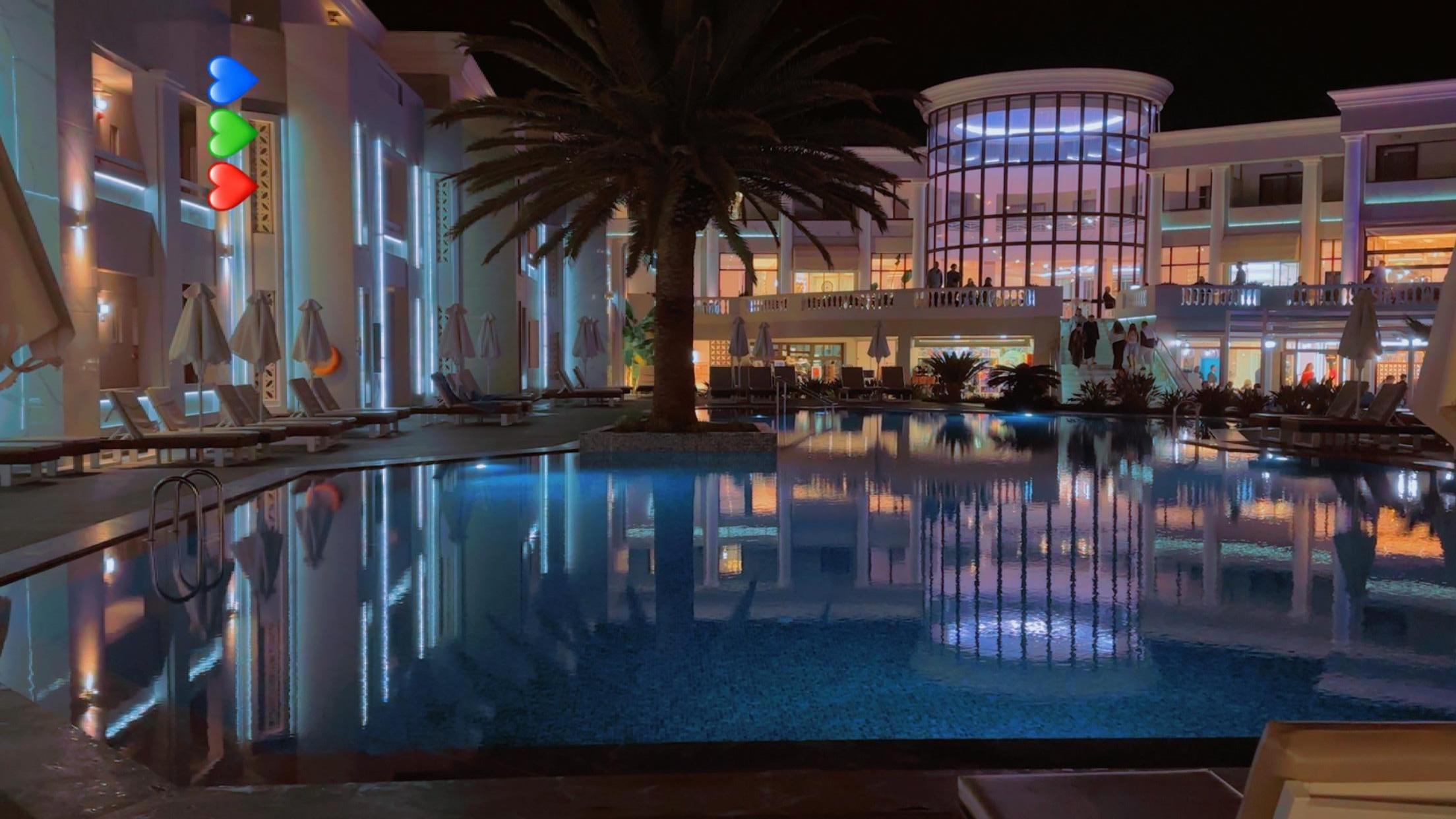 Main outdoor pool at night 