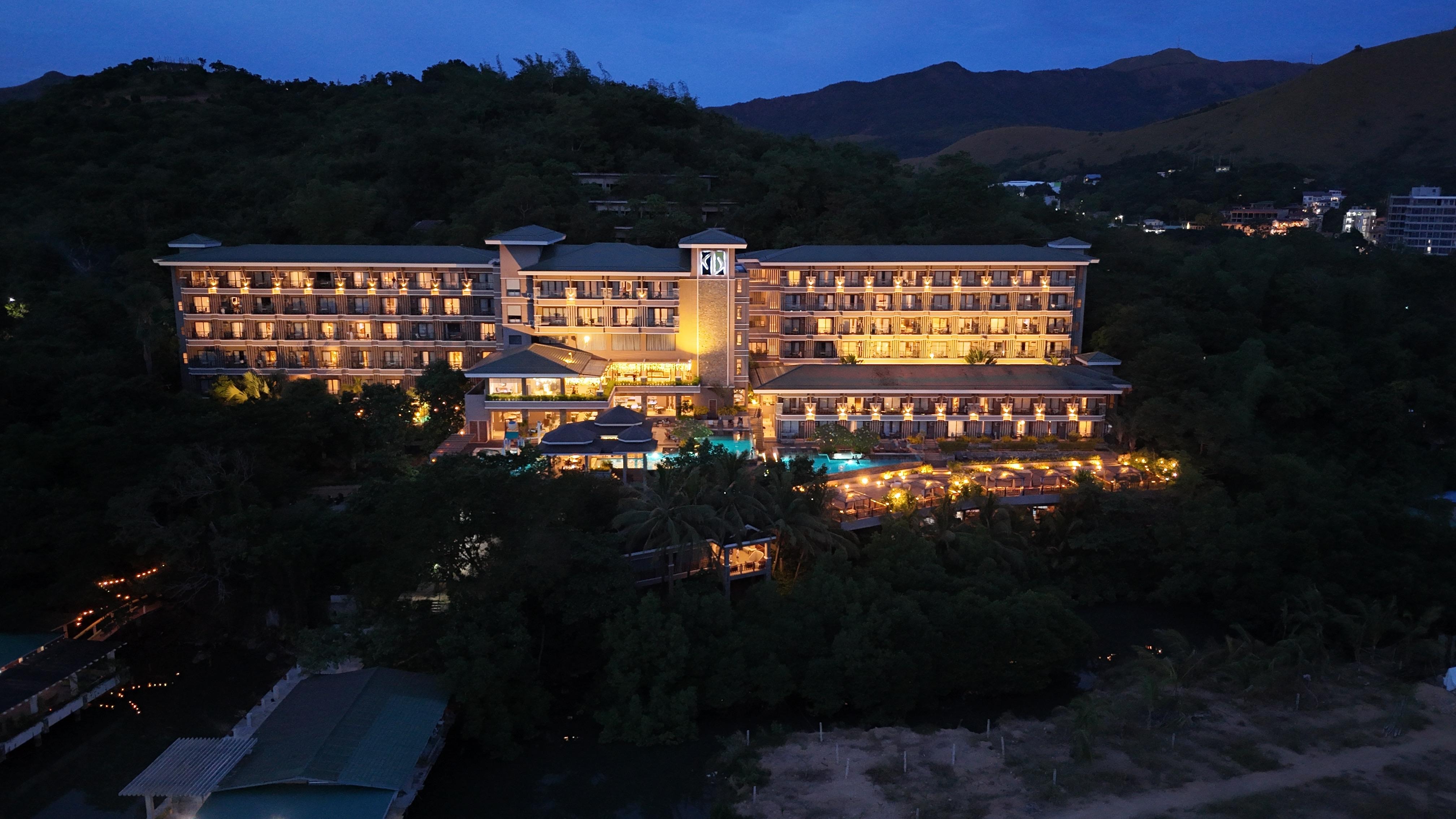 An evening drone shot of the resort.