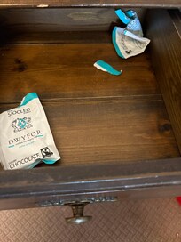 Empty wrappers in dressing table draw on arrival
