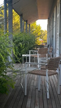 Shared balconies with overgrown vines