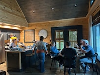 Enjoying a meal after returning from our long hike.