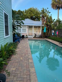 Pool and cottage from entry gate.