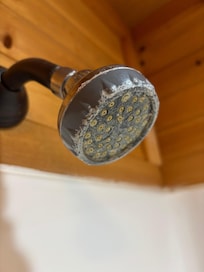 Dirty Shower head in bathroom in upstairs bedroom