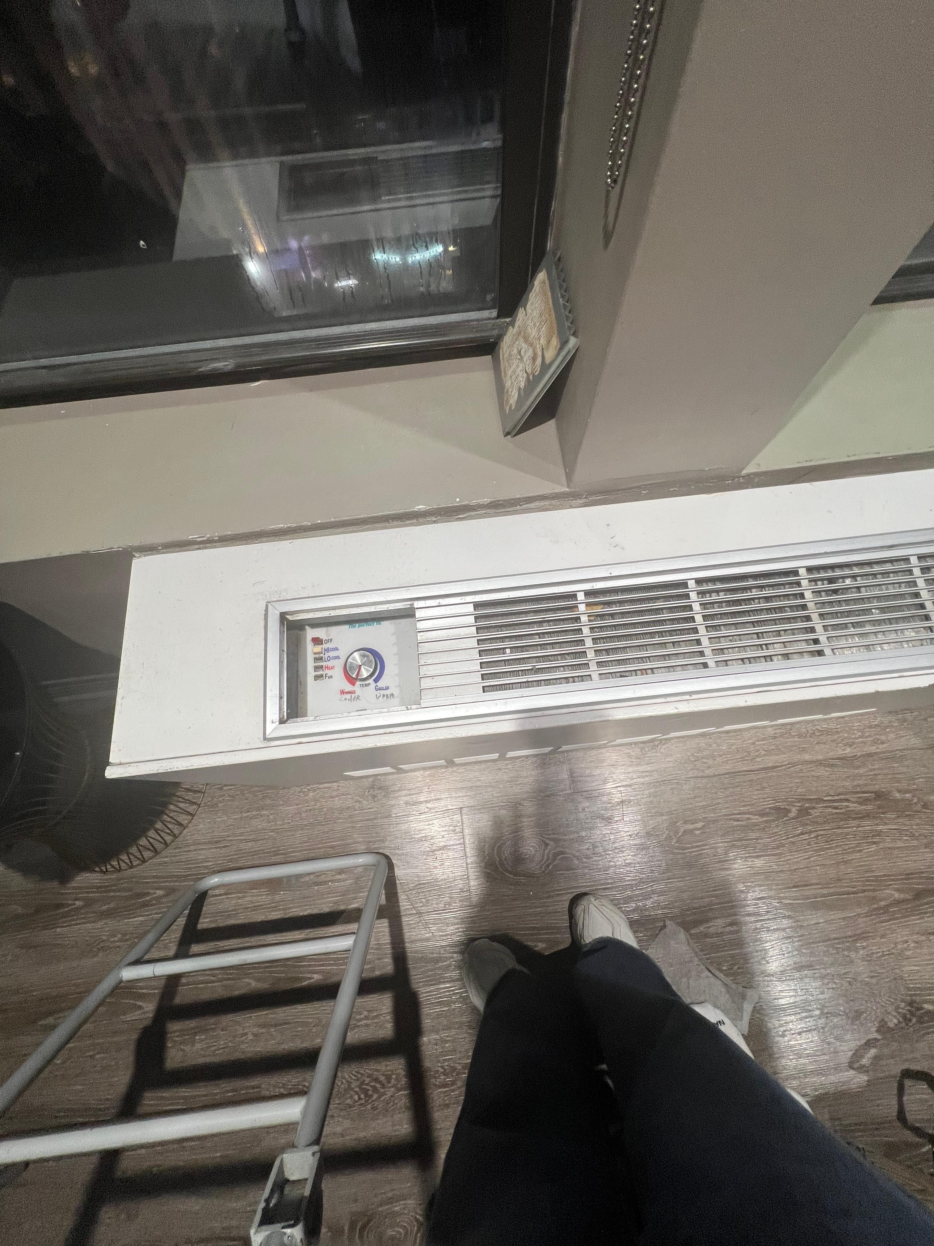 The is the unit on the side of the room with the bunk beds. Potato chips, crumbs and a whole lot of dust was in the vents. You can see they relabeled the hot/cold dial but it didn’t matter which way you turned it- the unit did not work. 