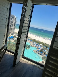 View from the kitchen and living room area.