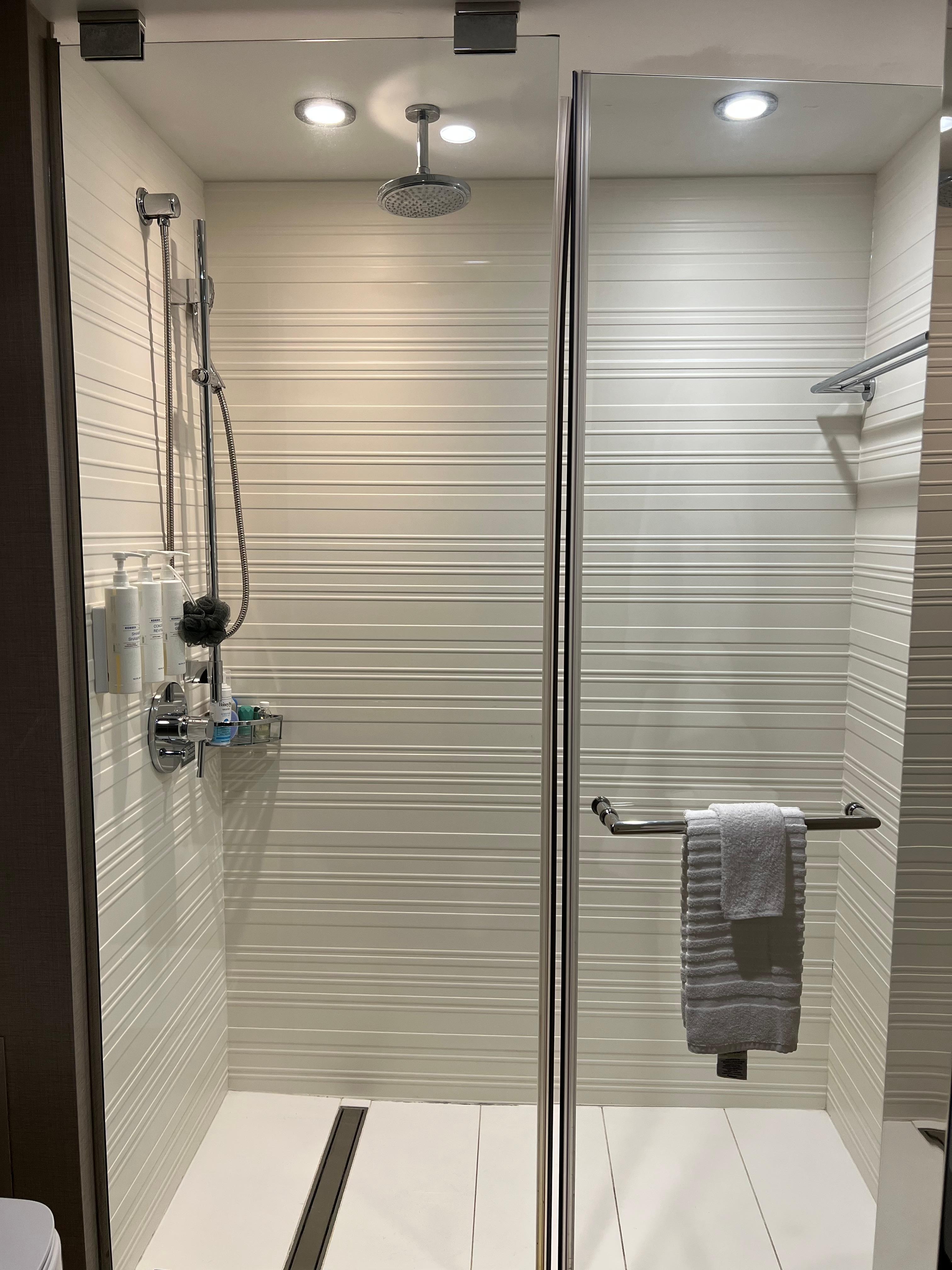 Shower with waterfall shower head and removable shower head. 