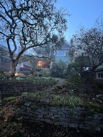 Front of this stunning house early one foggy morning.