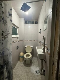 This is the bathroom the shower is over the mini sink and almost you need to shower sitting in the toilet