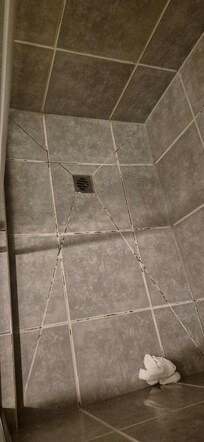 Shower tiles with mould in the grout.