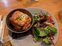 Venison lasagne and salad