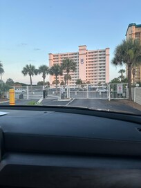 View from outside the parking lot gate