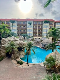 Waterfall pool during the morning; view from balcony