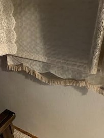 took this photo of the torn curtain to ensure the host would not try to charge us for damage. The front carpet in entryway is also stained. The house windows were open, A/C was off & it smelled like a wet dog inside. The beds had stains & dog hair