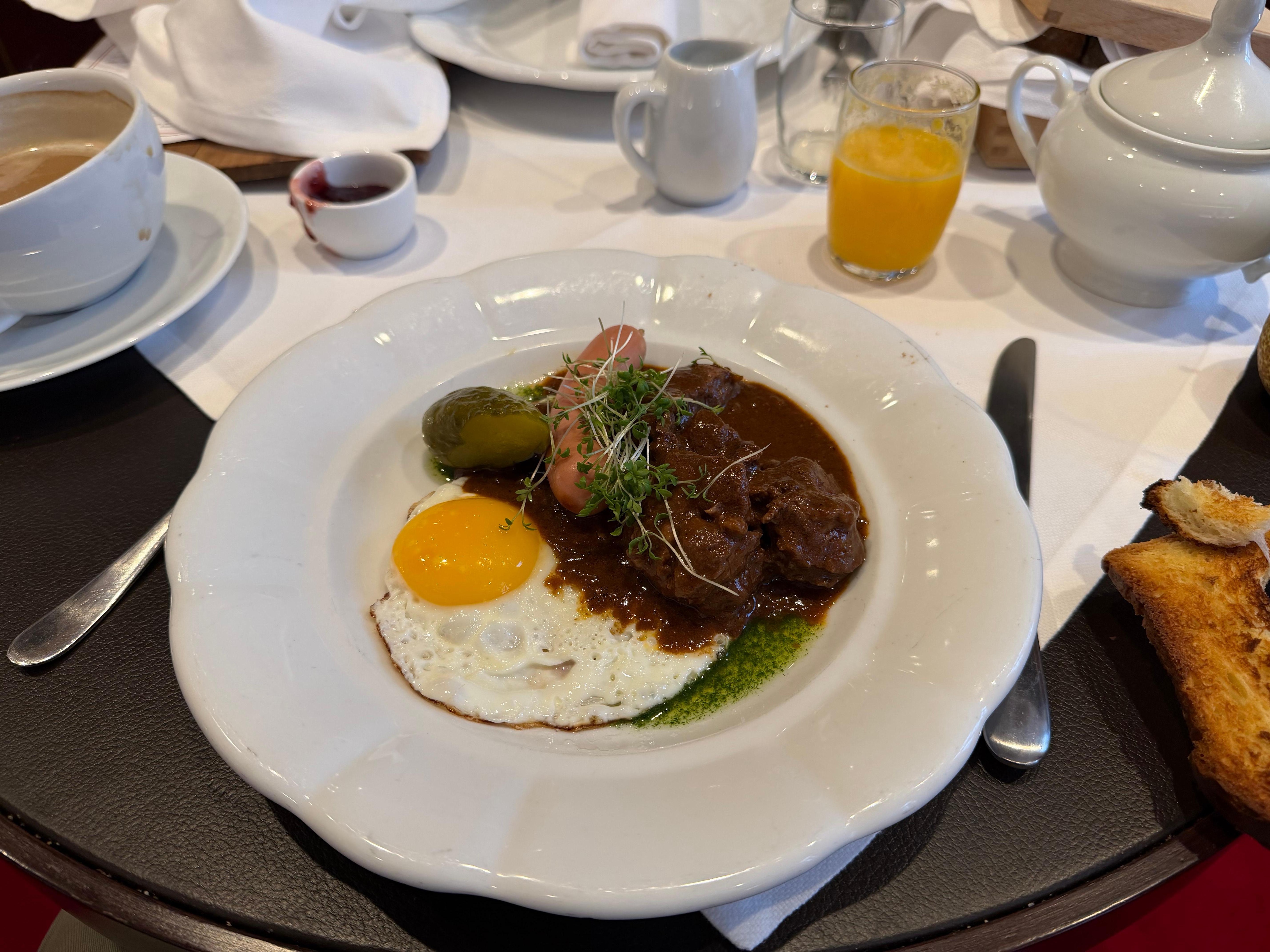 Goulash and eggs breakfast 