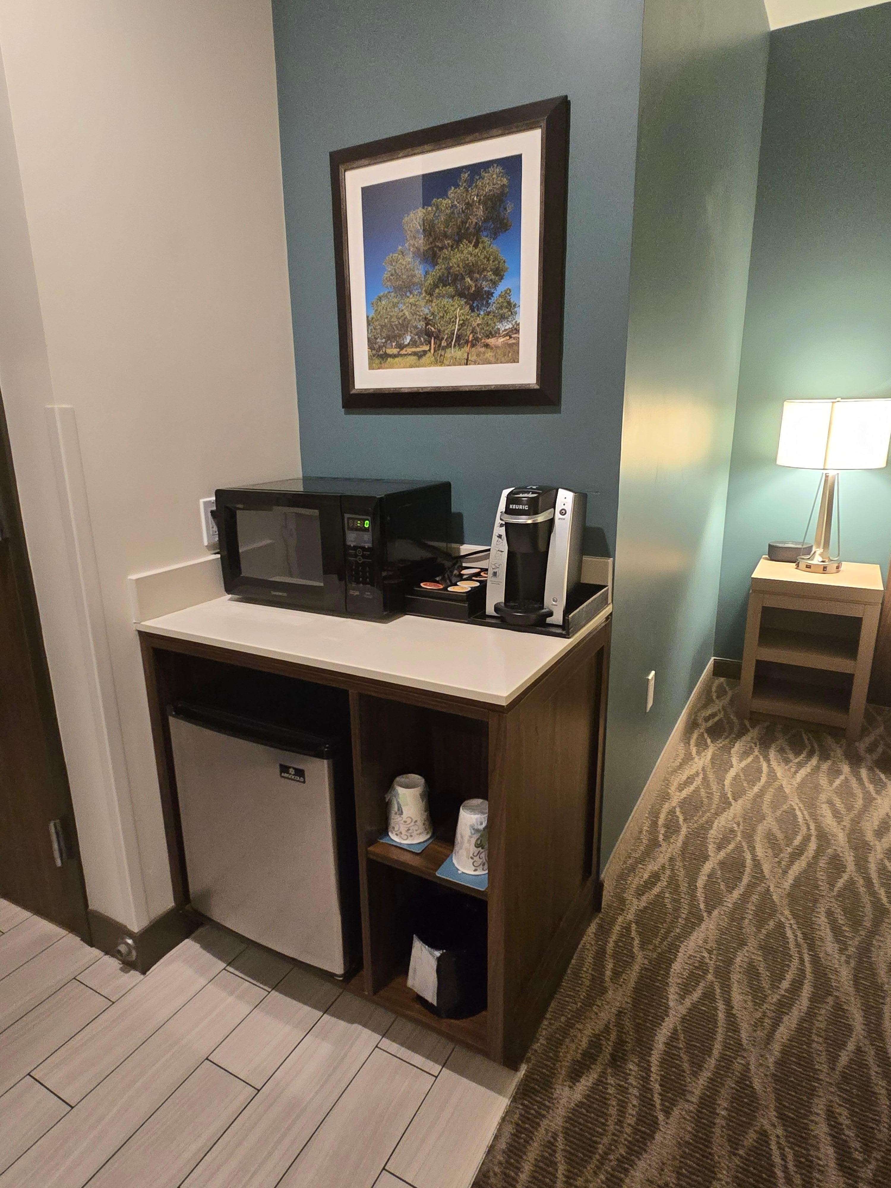 Cold fridge with microwave and coffee station