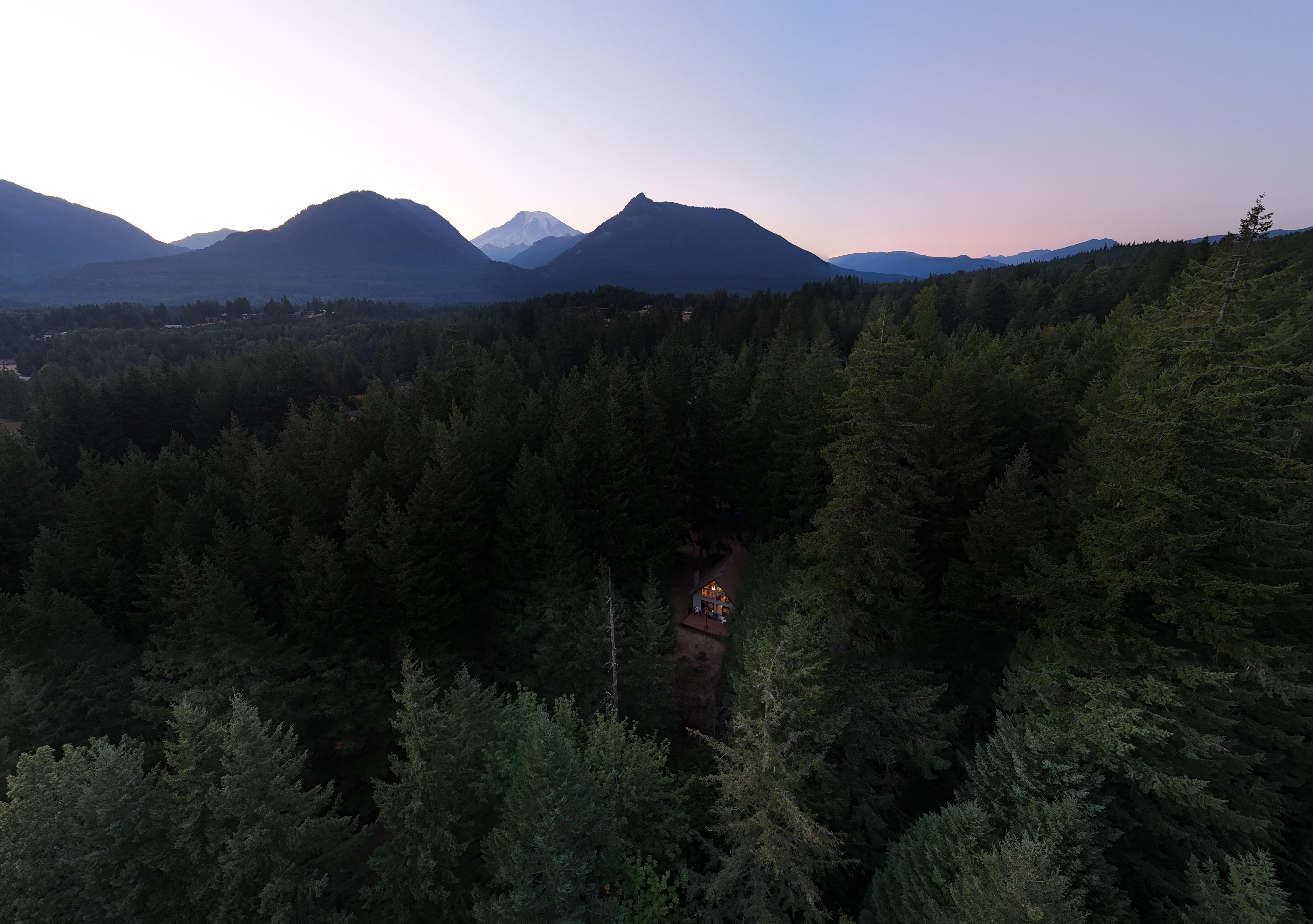Cozy Rustic Cabin the Woods with Mt Rainier at Sunset
