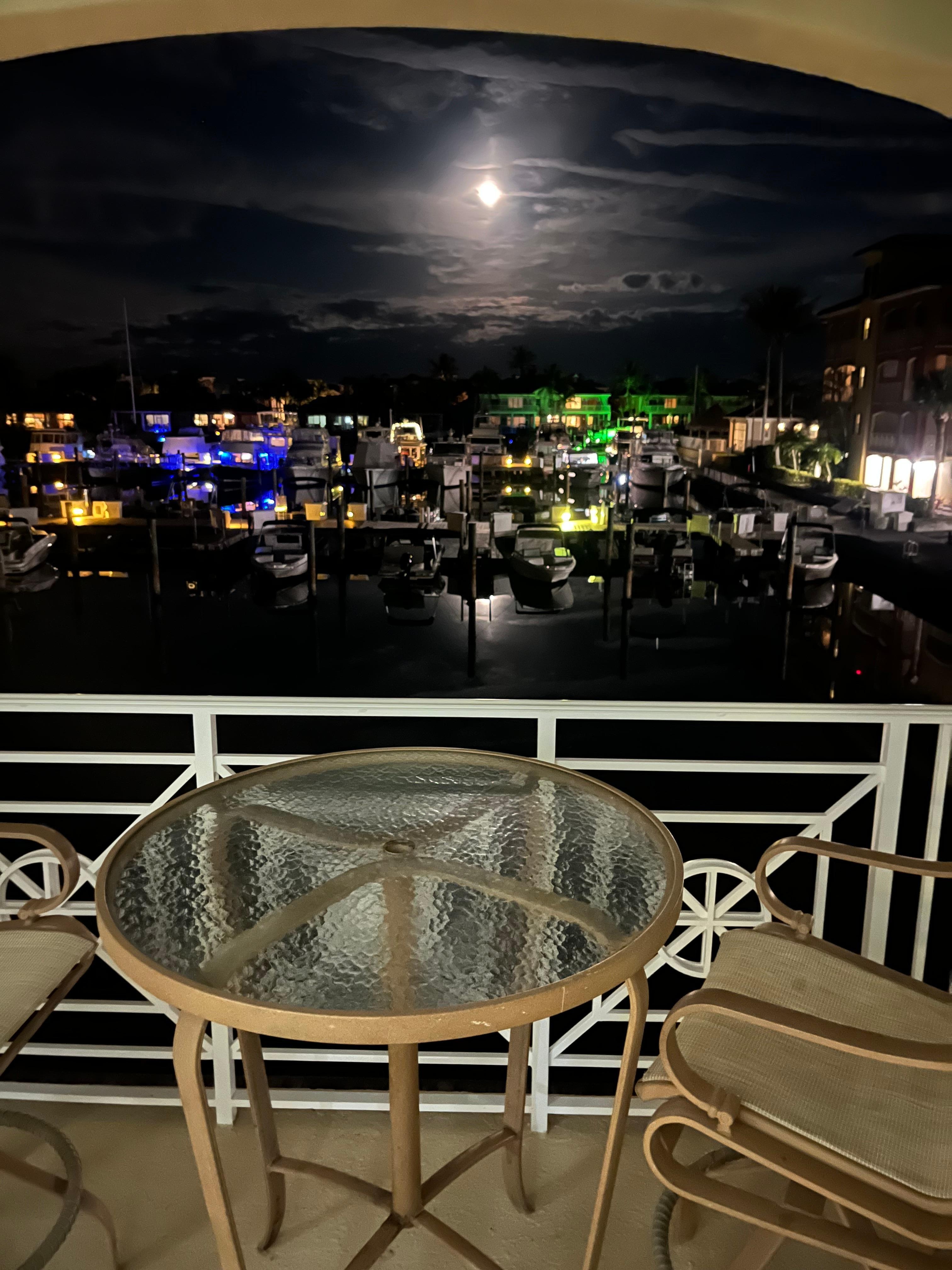 Moonlit night overlooking the harbor from the porch. 