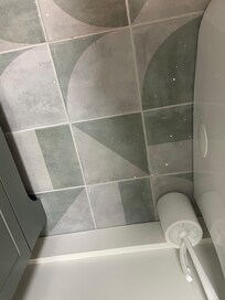 Paint chips on the bathroom tile.