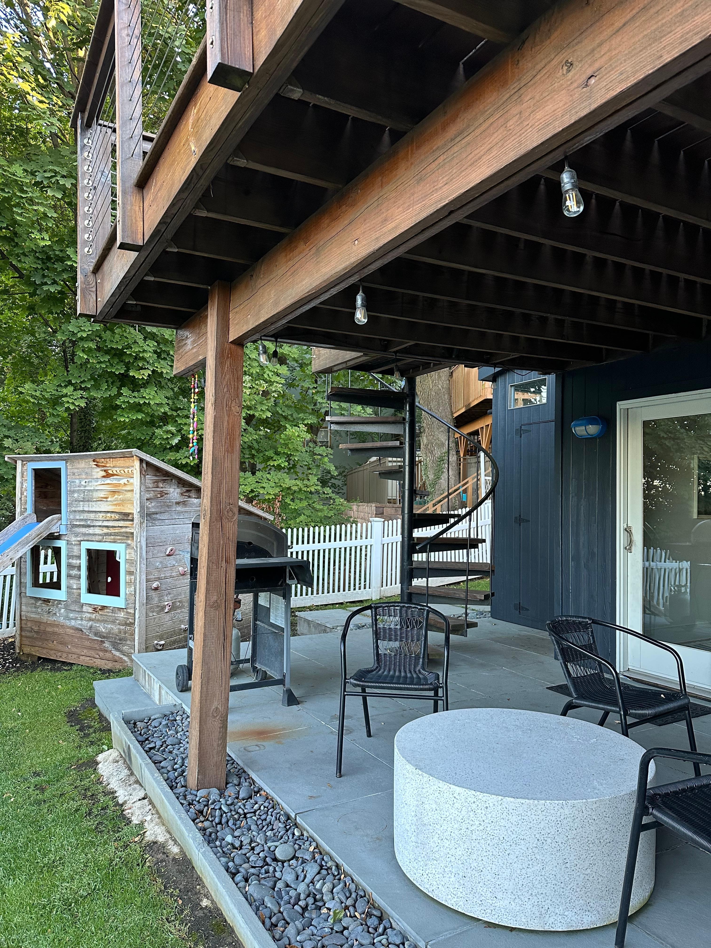 Patio with seating and play area