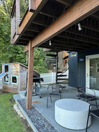 Patio with seating and play area