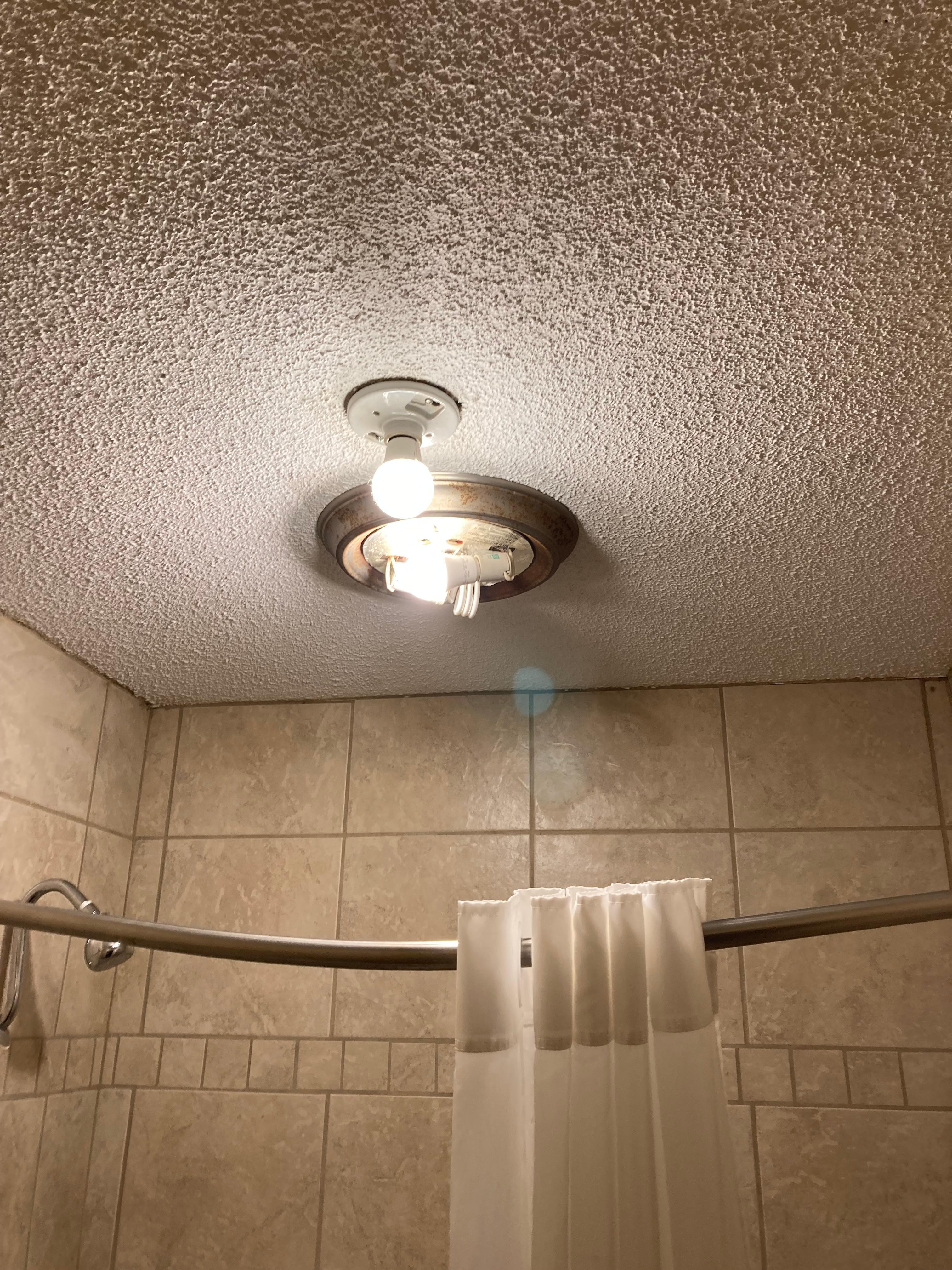 Electrical hazard Right over the shower along with no hand soap nor hotel shampoo.