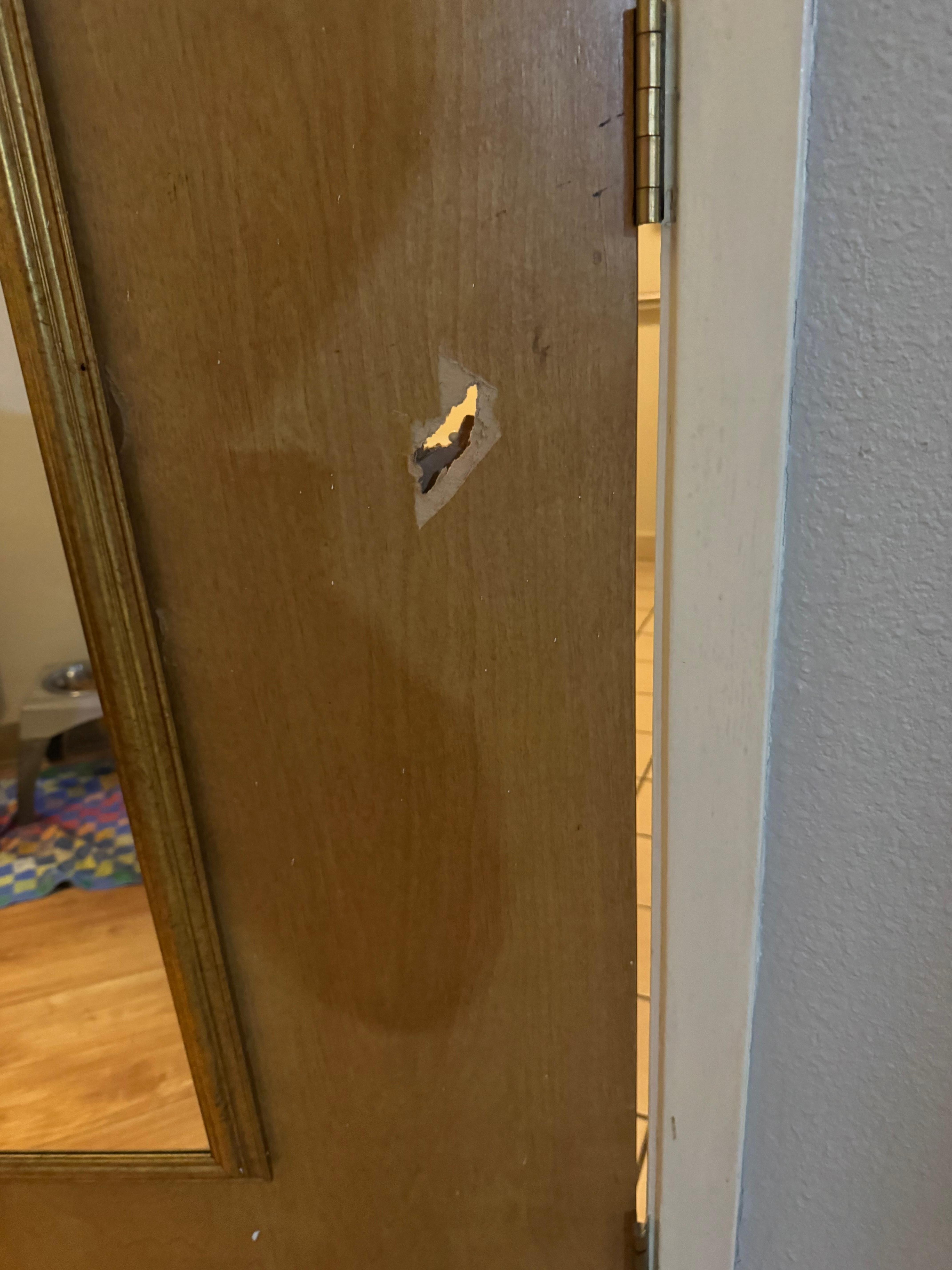 Hole in bathroom door. 