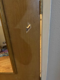 Hole in bathroom door.