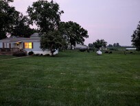 View of the cabin and cow pasture behind.