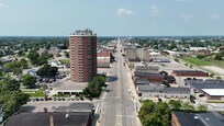 Drone shot of the main street. Apt is lower right in the pic.