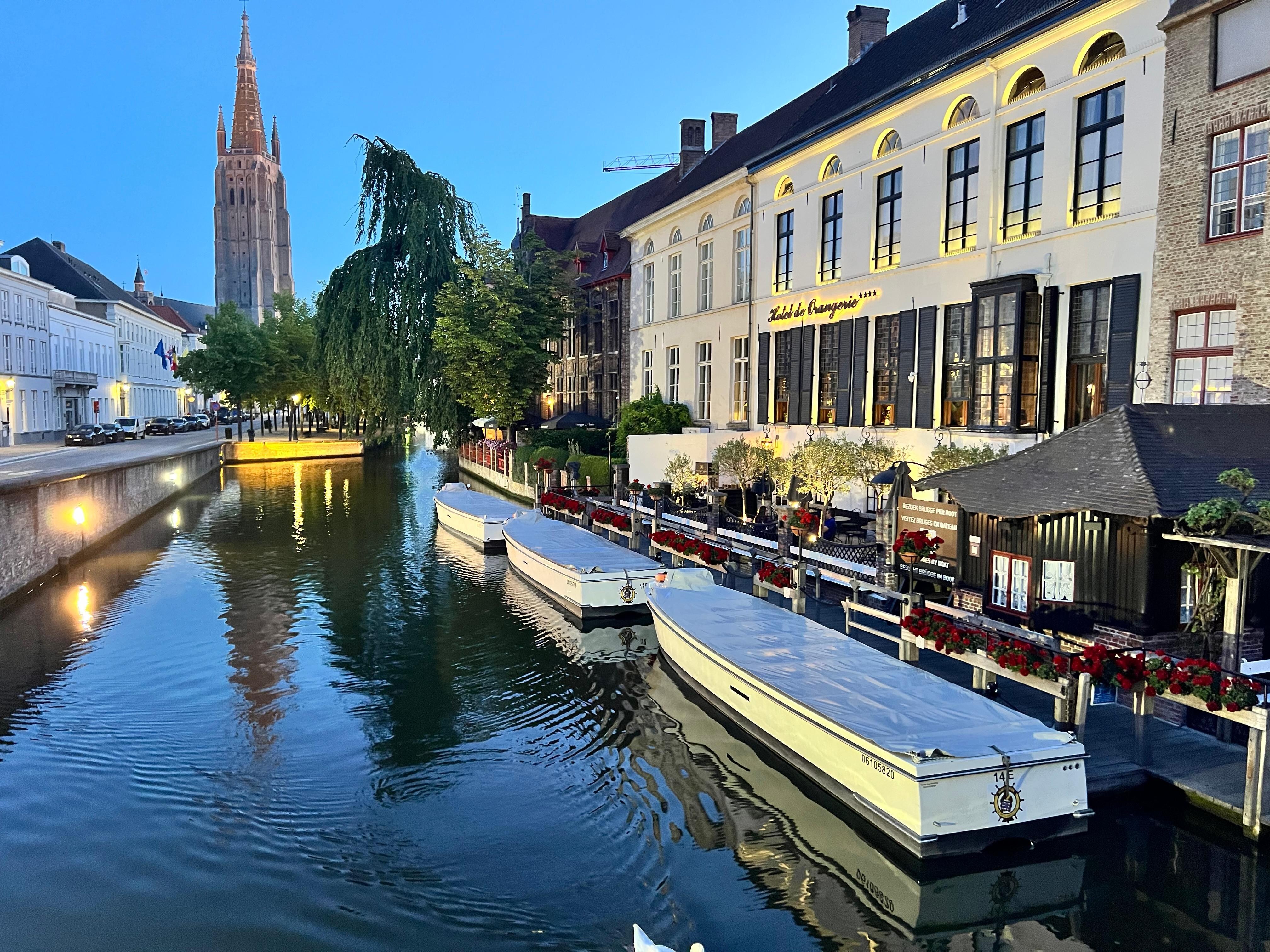 Canal side of hotel at twilight 