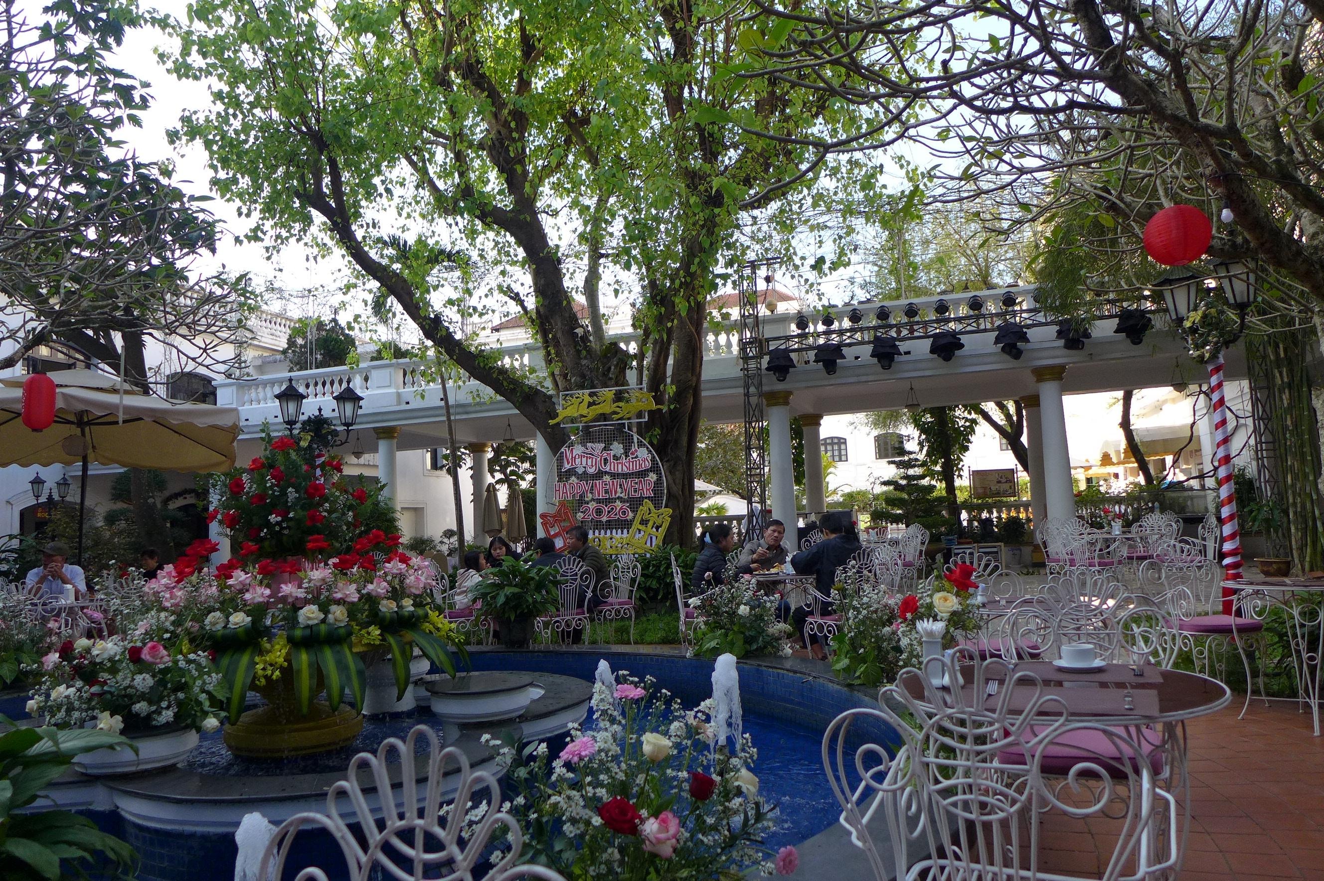 中庭1900年植樹のアーモンドの下でビュフェ形式による朝食を楽しむ