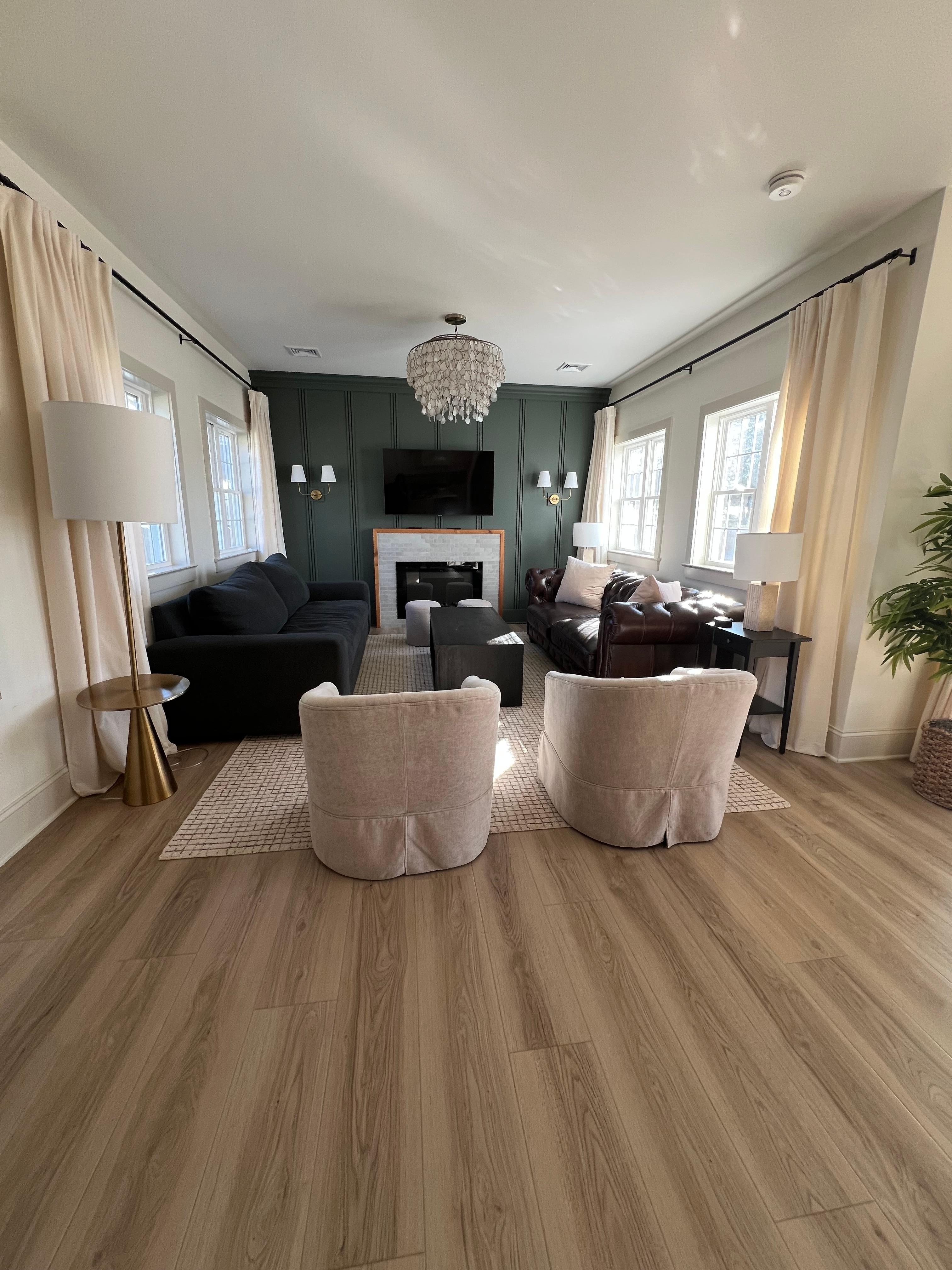 The living room is cozy with plenty of seating