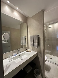 Banheiro com pia, secador de cabelos, shampoo, condicionador, amenidades, lenços umedecidos, aparelho de barbear, cremes, toalhas trocadas todos dias.