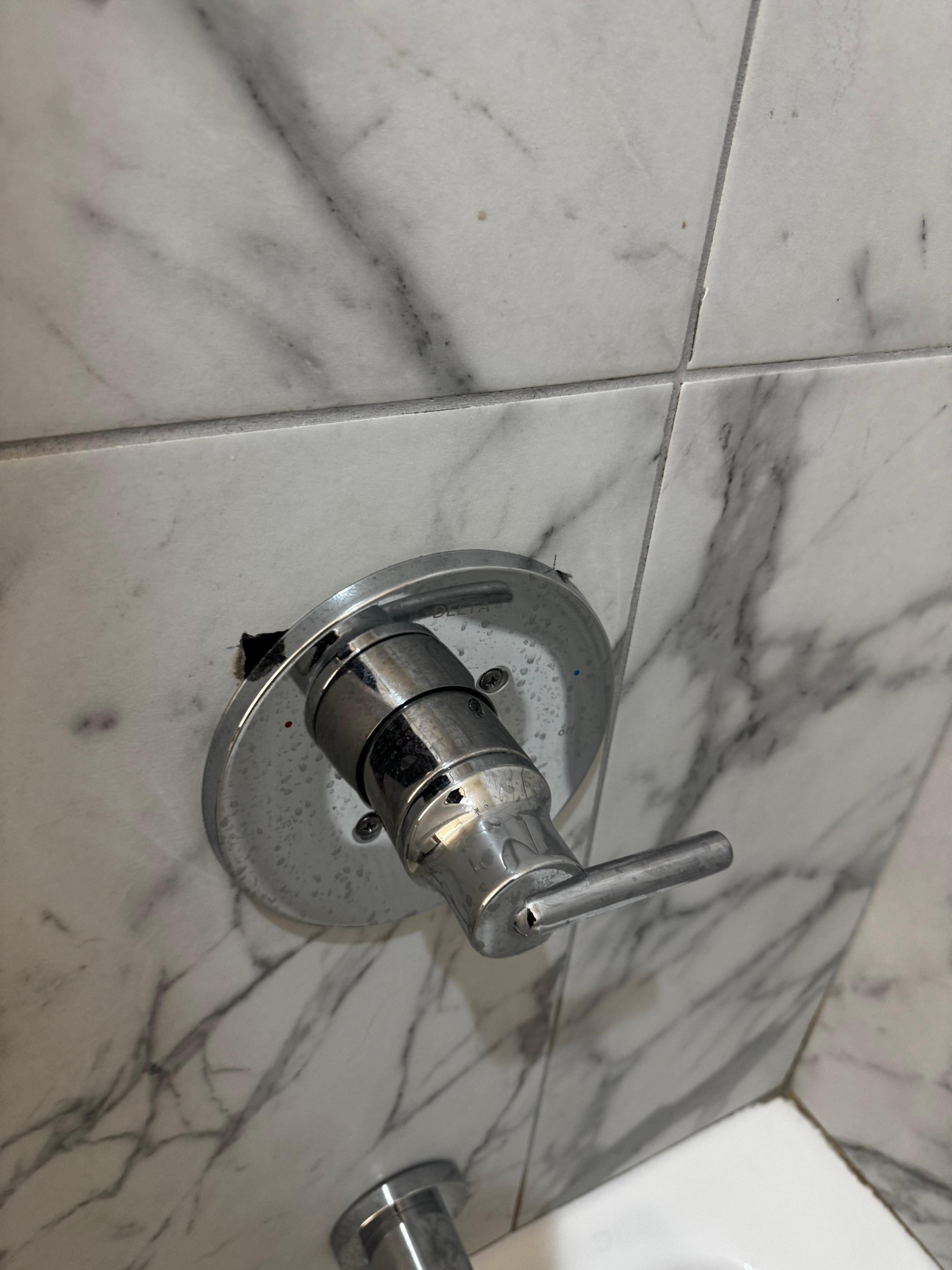 Hole in the wall along side the facet in the shower. Smells like mildew then set in from water going in the hole. 