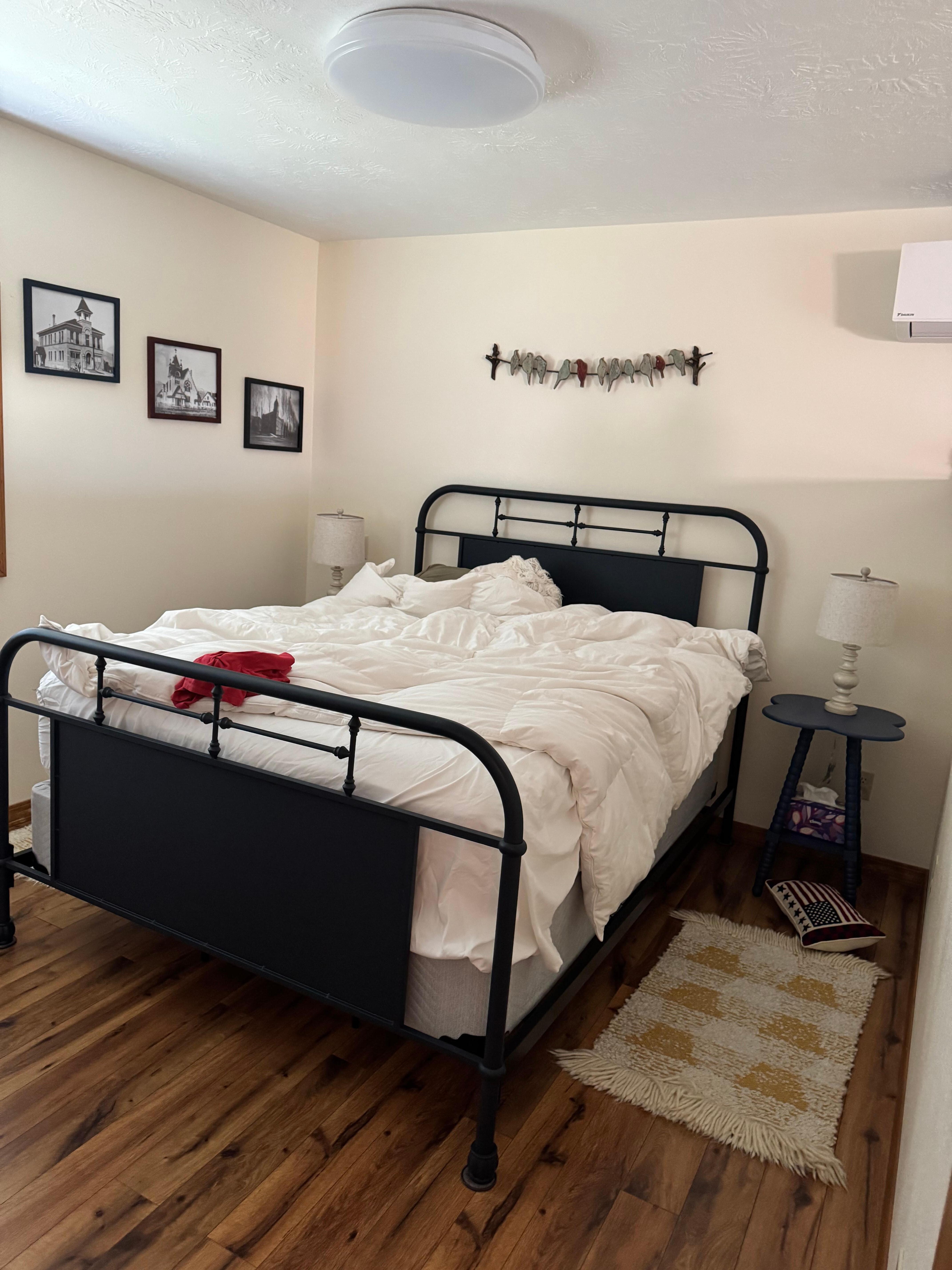 Comfy bed and decorated so cute!