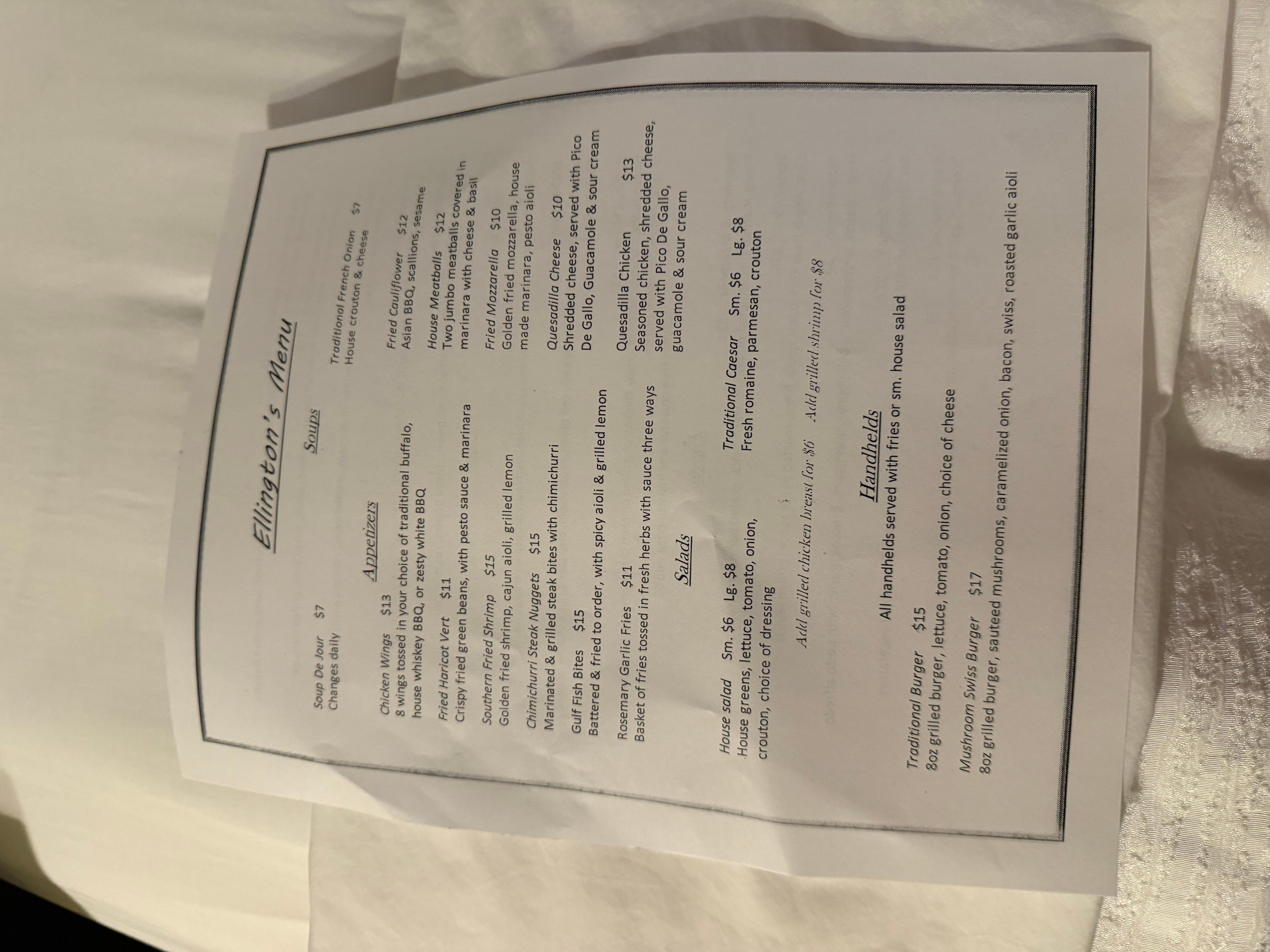 Menu from restaurant on property 