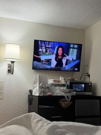 A cable flat-screen TV is available, as well as a microwave and fridge inside the room.