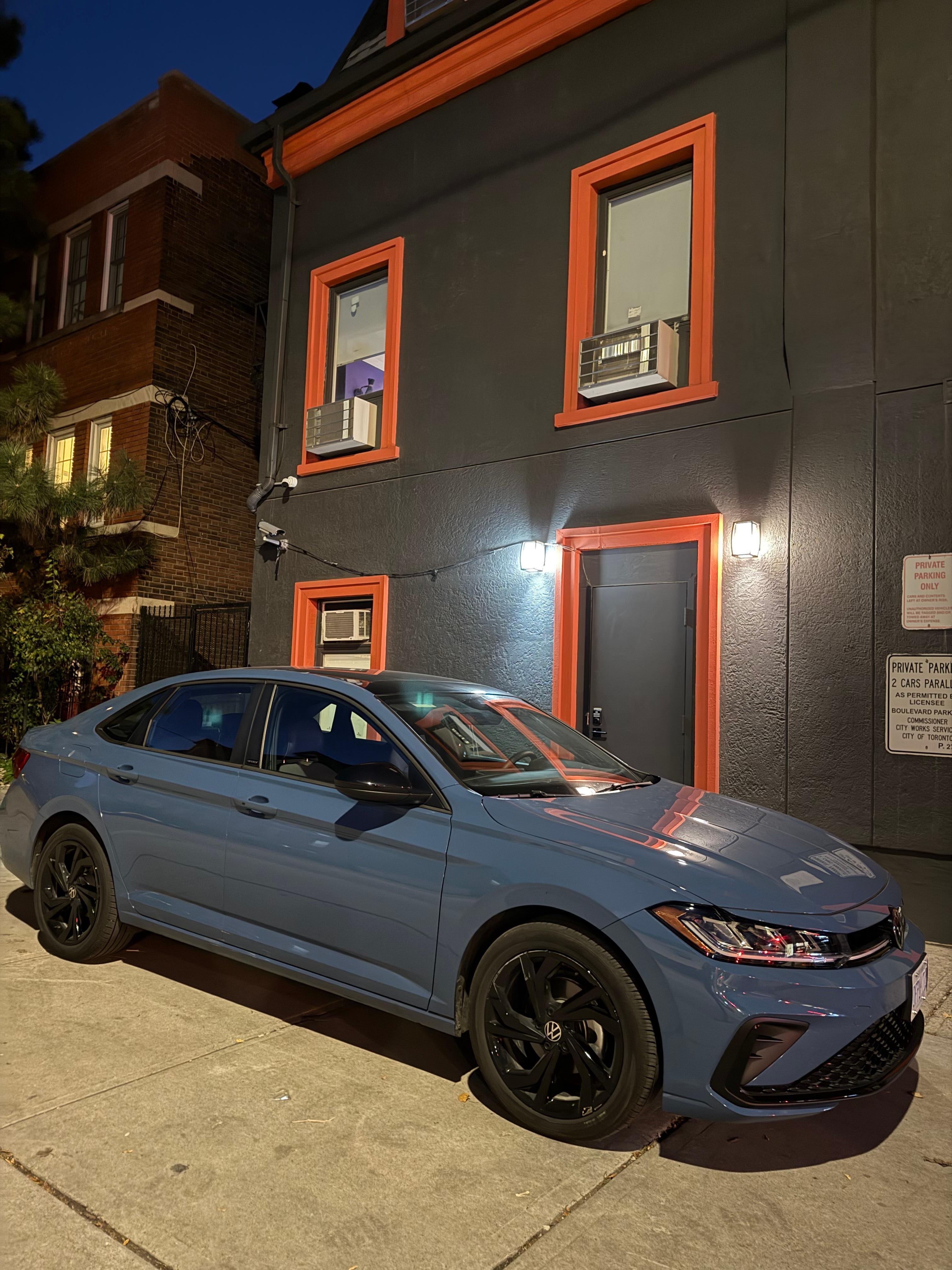 my rental car parked on the sidewalk, safe area, love that the 505 takes you there directly & keycard is used to unlock the sliding door at night time!