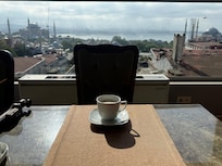 My expresso at the terrace of Sultanhan Hotel.
