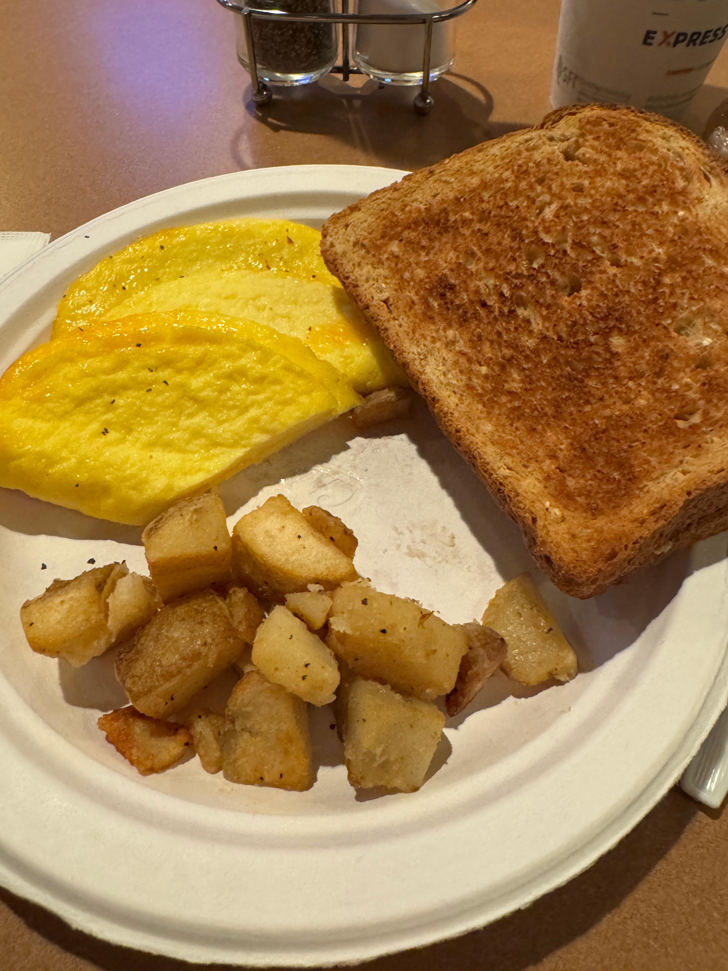 Breakfast omelette, potatoes, toast bread options