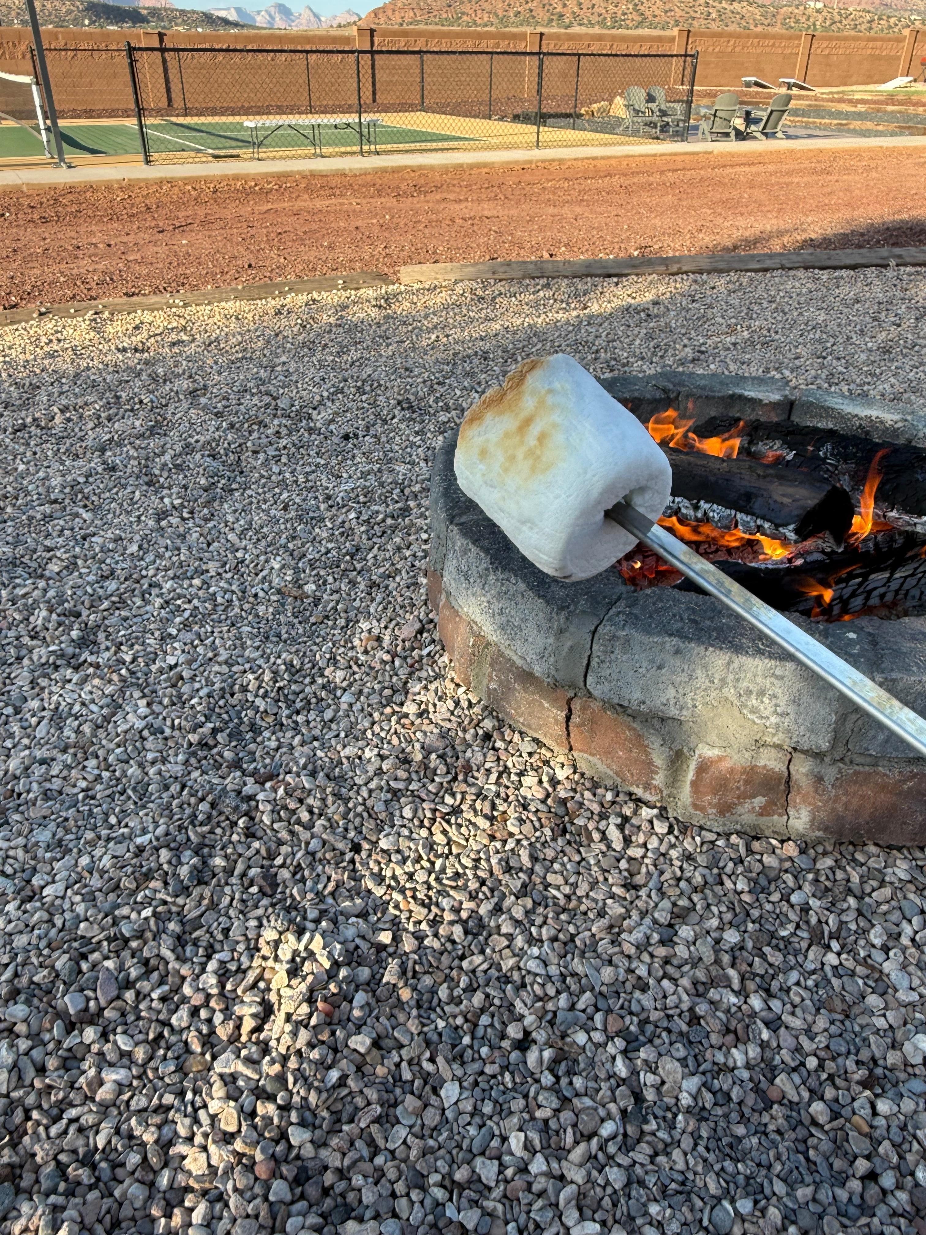 The fire pit is perfect for roasting marshmallows! They do have wood for purchase on site, we usually bring our own just in case. They also have roasting sticks or whatever they are called. 😂