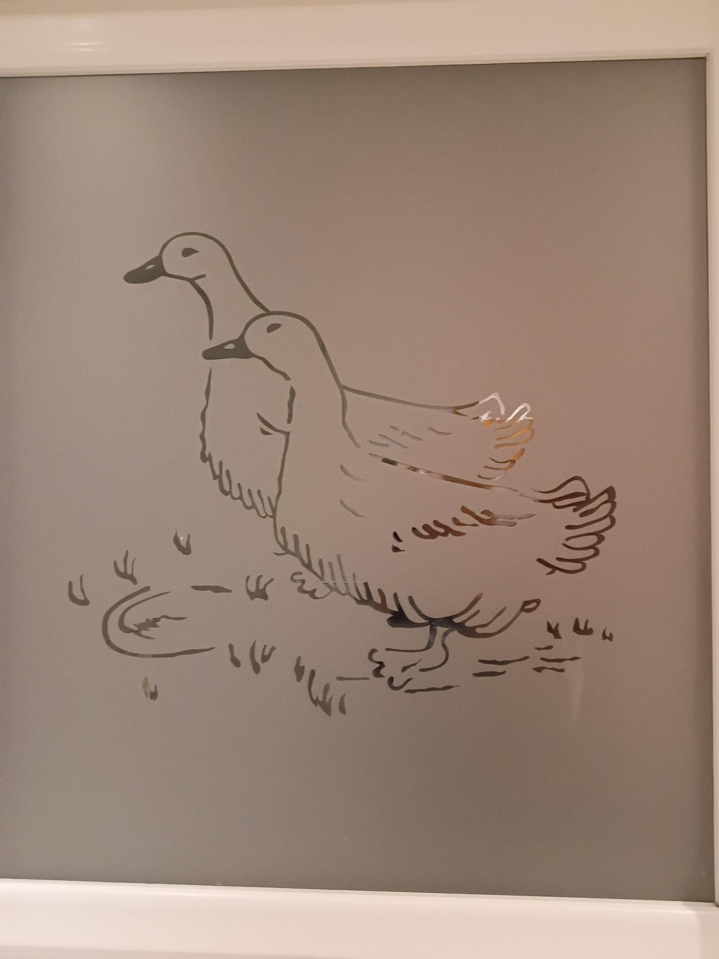 The washroom windows have ducks etched I to them
