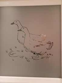 The washroom windows have ducks etched I to them