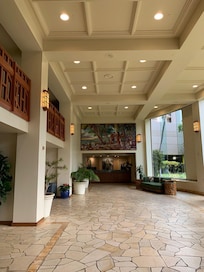 Welcoming grand hotel lobby.